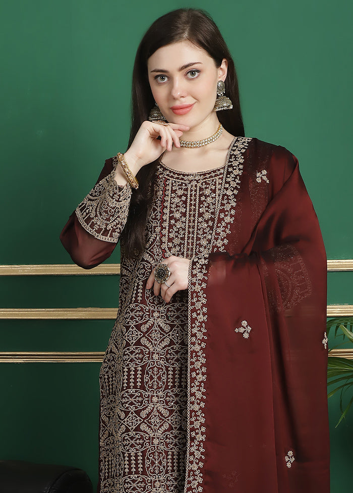 3 Pc Maroon Unstitched Georgette Suit Set Original Online