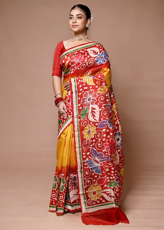 Red Printed Pure Silk Saree Without Blouse Piece For Sale Wholesale Pice