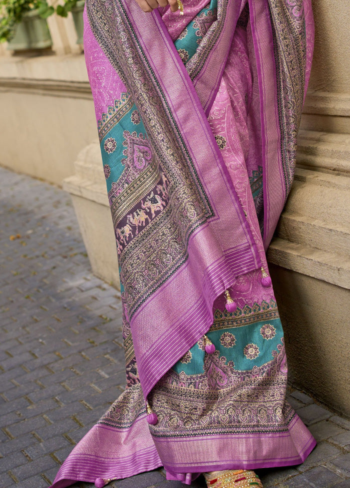 Pink Spun Silk Saree With Blouse Piece With Credit Card Cheap Pice