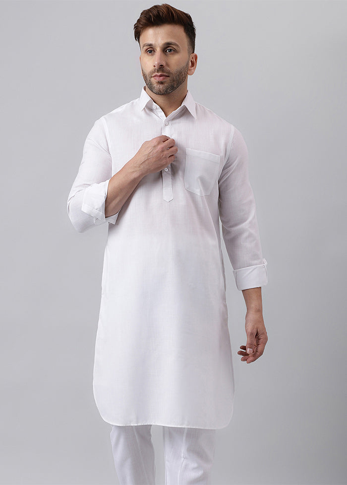 White Cotton Jacquard Long Kurta Buy Sale Online