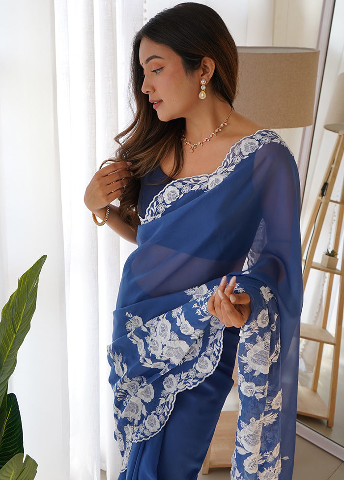 Blue Organza Saree With Blouse Piece Comfortable