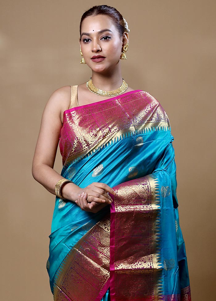 Blue Handloom Kanjivaram Pure Silk Saree With Blouse Piece Best Place Sale Online