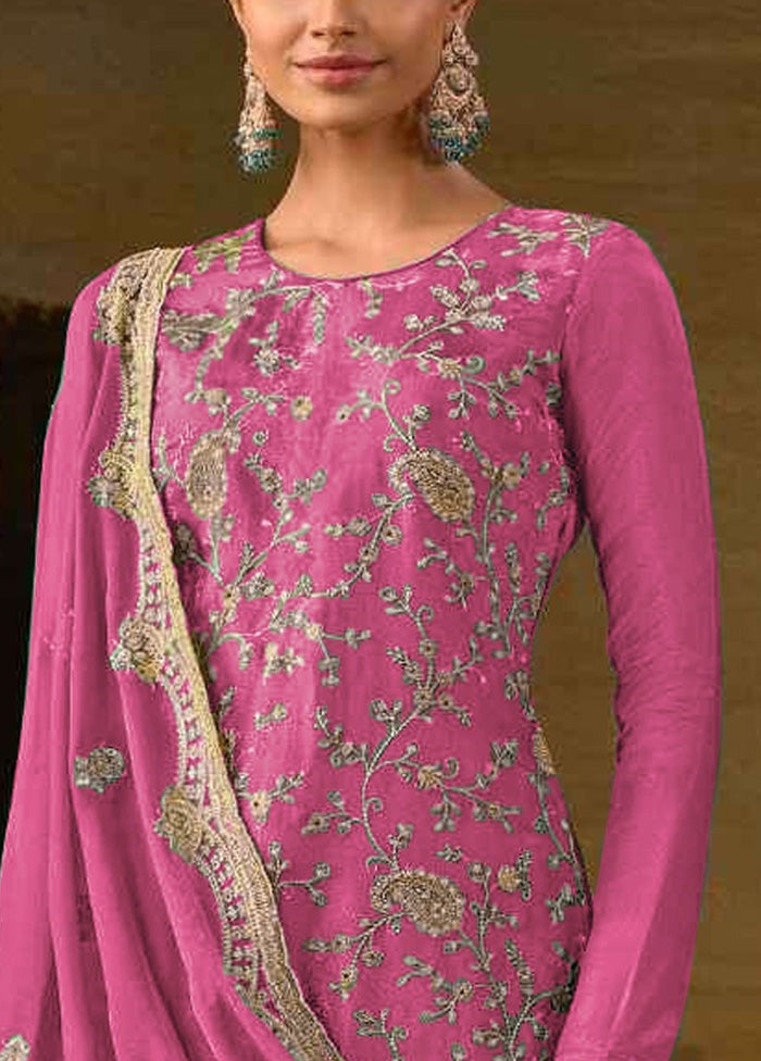 3 Pc Pink Semi Stitched Silk Suit Set Clearance Free Shipping