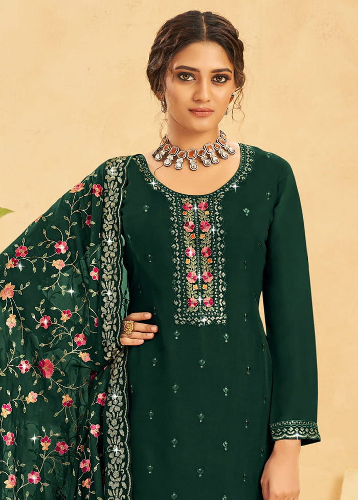 3 Pc Dark Green Semi Stitched Real Organza Suit Set Shop Offer For Sale