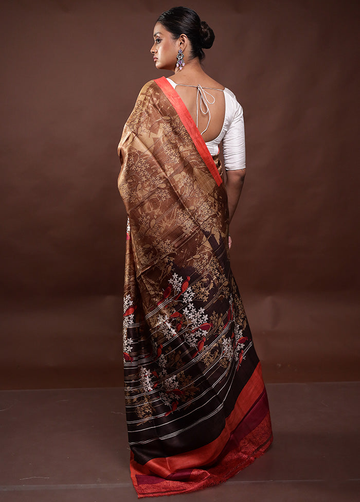 Brown Printed Pure Silk Saree Without Blouse Piece High Quality Buy Online