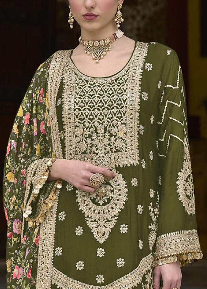 3 Pc Olive Green Semi Stitched Silk Suit Set Good Selling Online