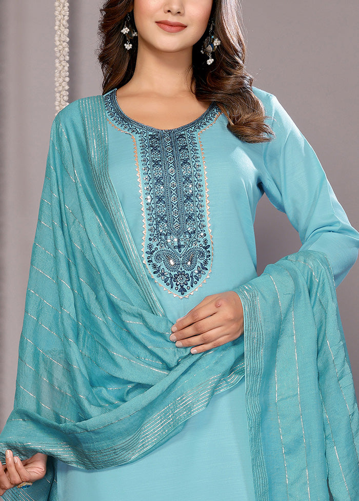 3 Pc Turquoise Blue Readymade Cotton Suit Set Cheapest Pice