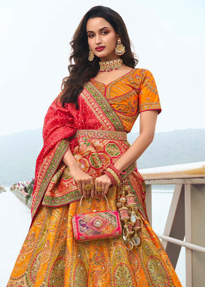 3 Pc Yellow Silk Semi Stitched Lehenga Set Sale Cheap Online