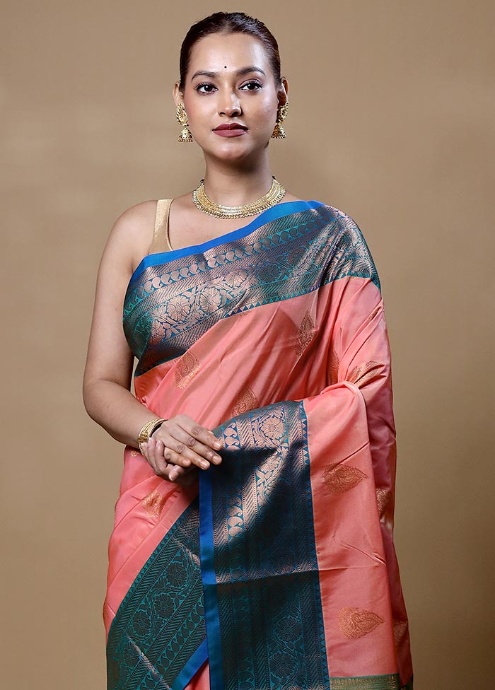 Peach Kanjivaram Silk Saree With Blouse Piece Free Shipping 2025