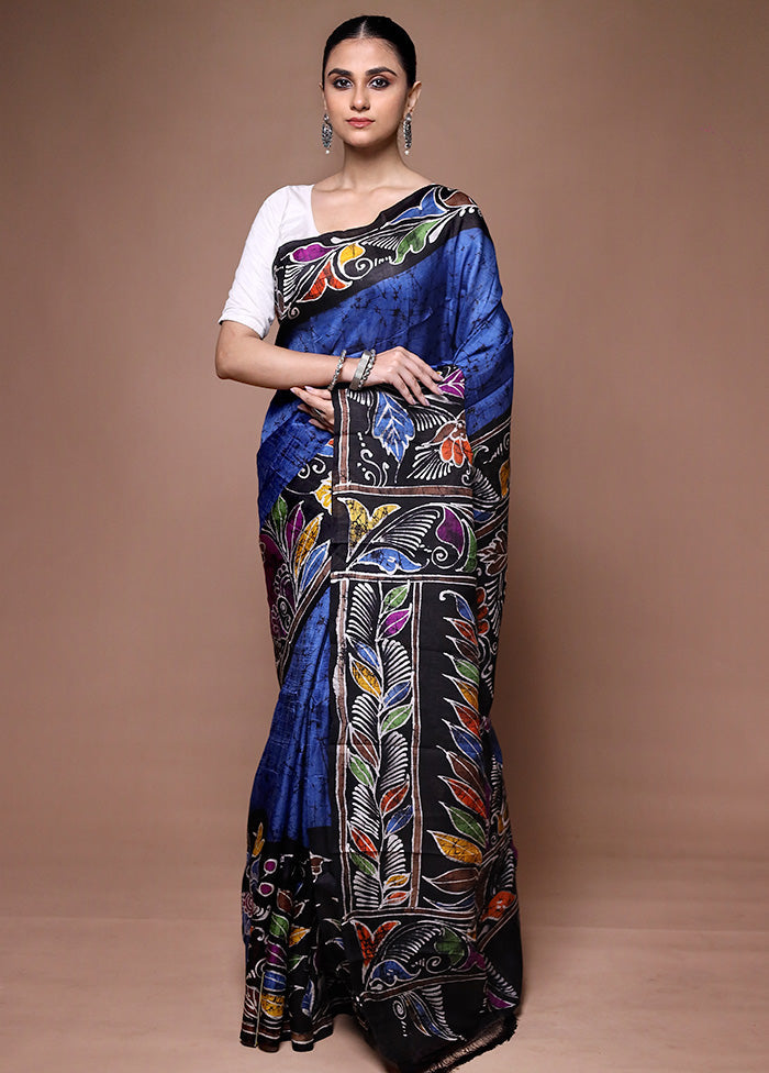 Blue Printed Pure Silk Saree Without Blouse Piece Sale Amazing Pice