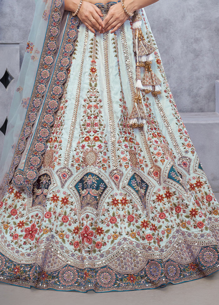 3 Pc Sky Blue Silk Semi Stitched Lehenga Set In China Sale Online