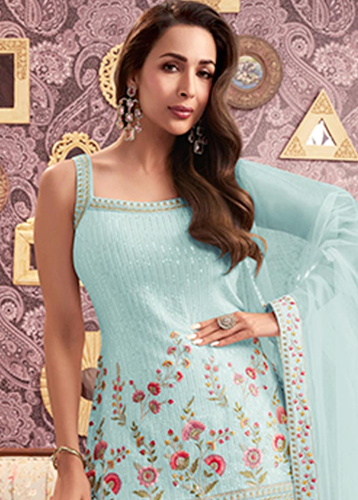 3 Pc Sky Blue Semi Stitched Georgette Suit Set Outlet With Credit Card