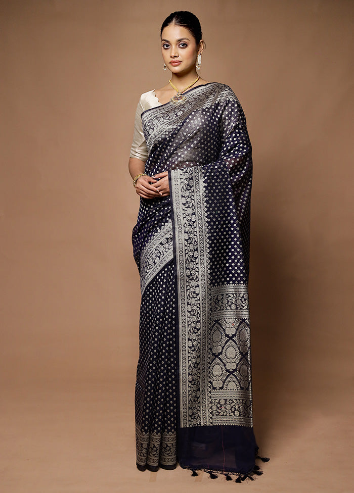 Blue Kora Silk Saree With Blouse Piece Sale With Credit Card