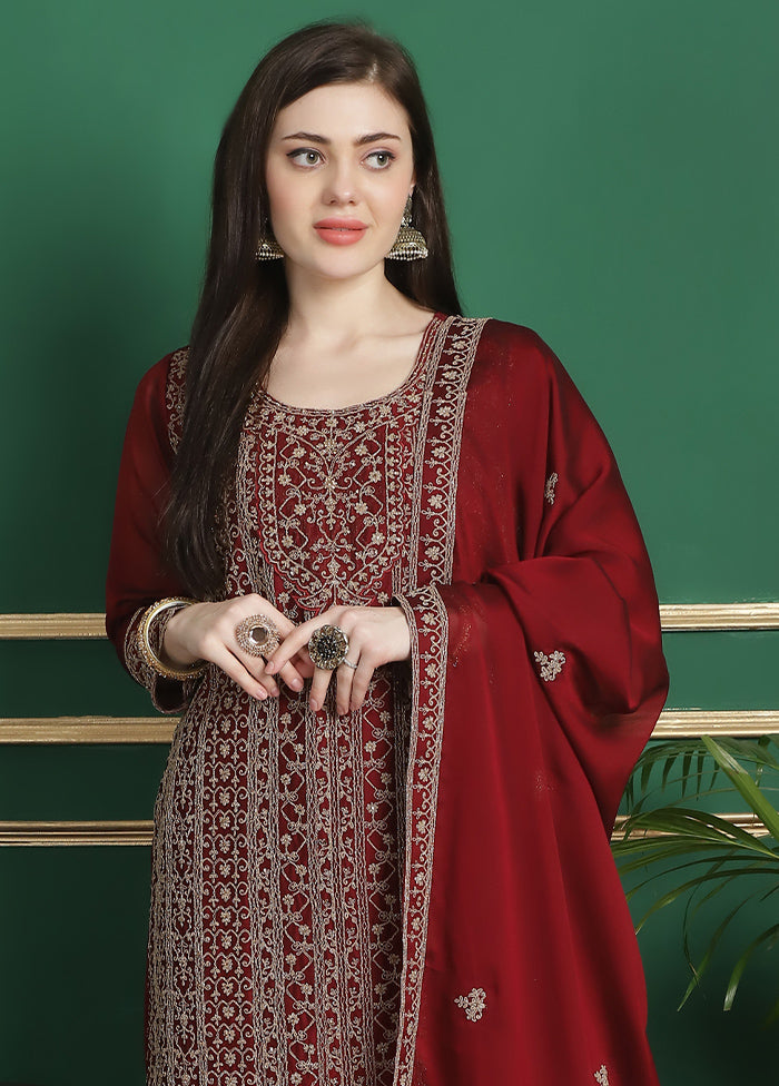 3 Pc Red Unstitched Georgette Suit Set Online Online High Quality