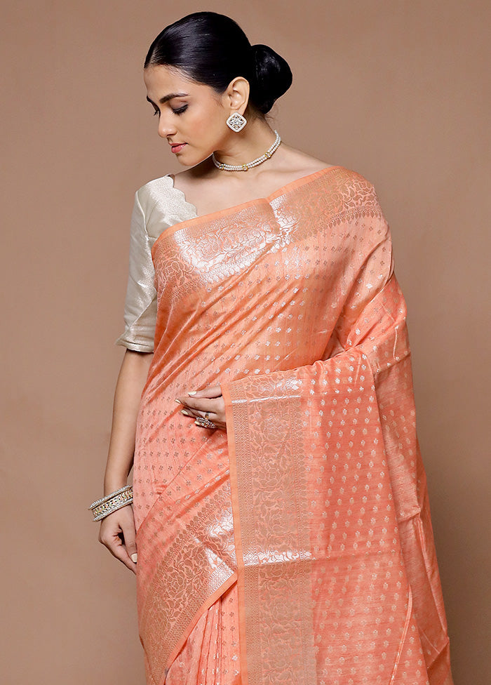 Peach Kora Silk Saree With Blouse Piece Sale Lowest Pice