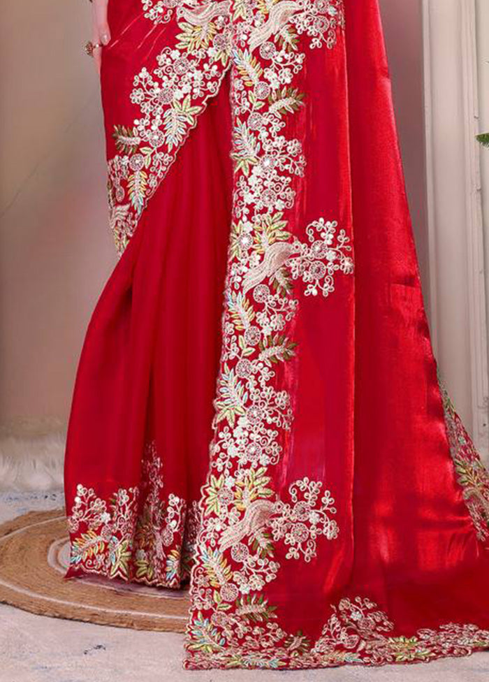 Red Spun Silk Saree With Blouse Piece Outlet Original