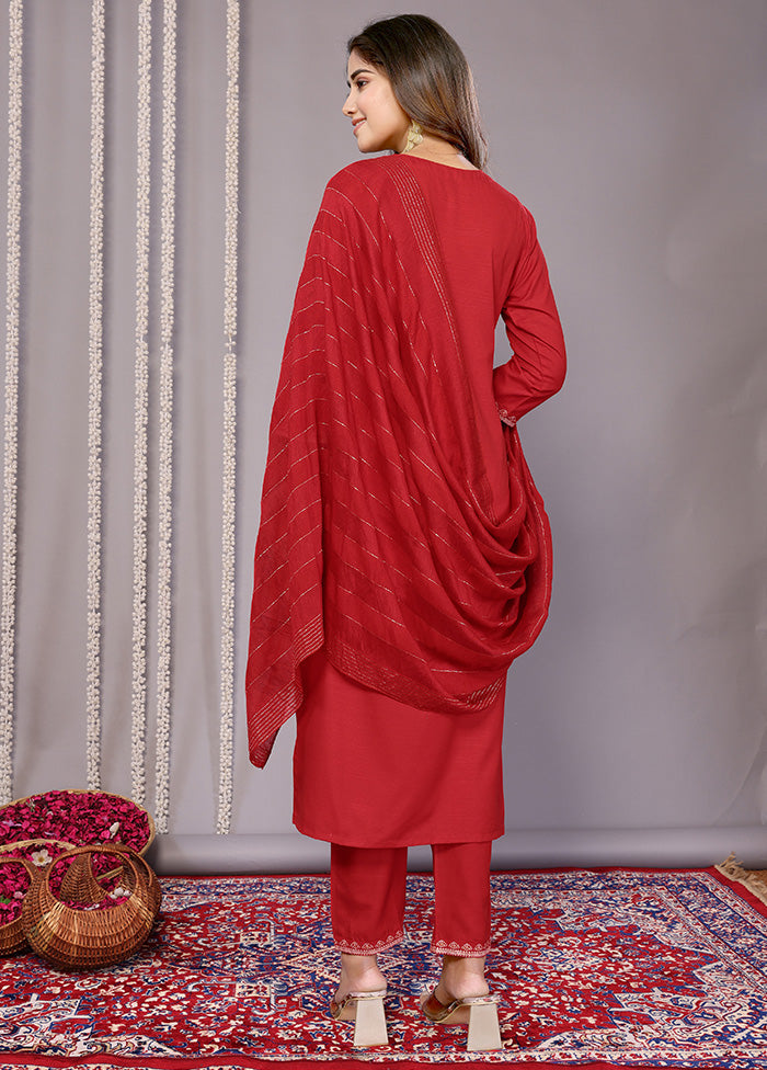 3 Pc Red Readymade Cotton Suit Set Latest Sale Online