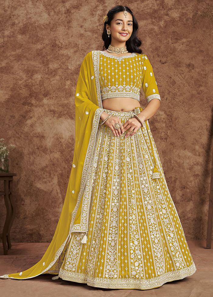 3 Pc Yellow Georgette Semi Stitched Lehenga Set Geniue Stockist Online