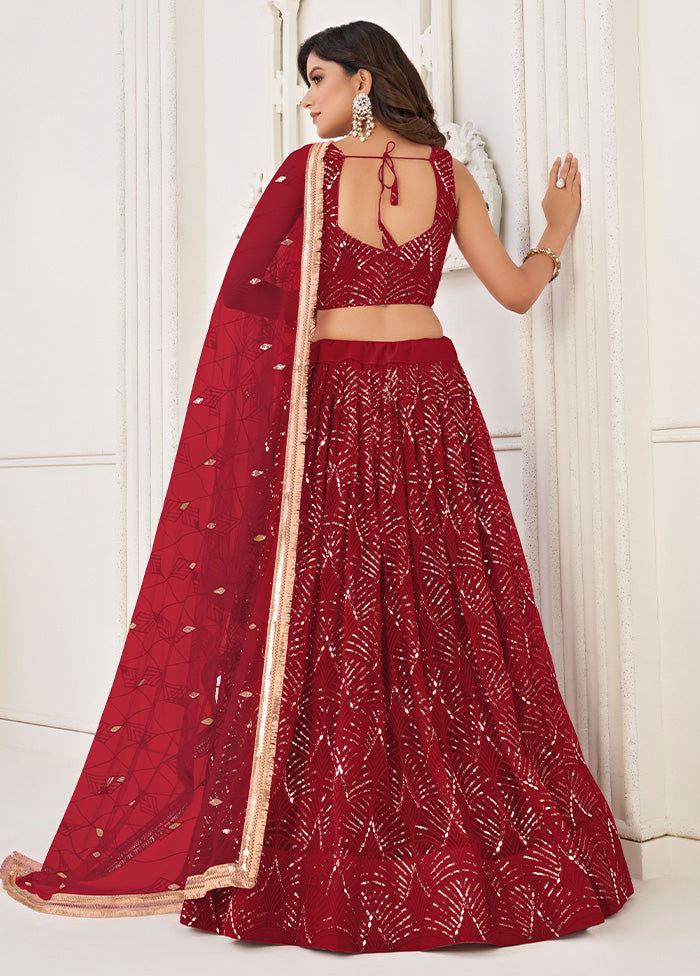 3 Pc Maroon Net Semi Stitched Lehenga Set Latest Collections Online