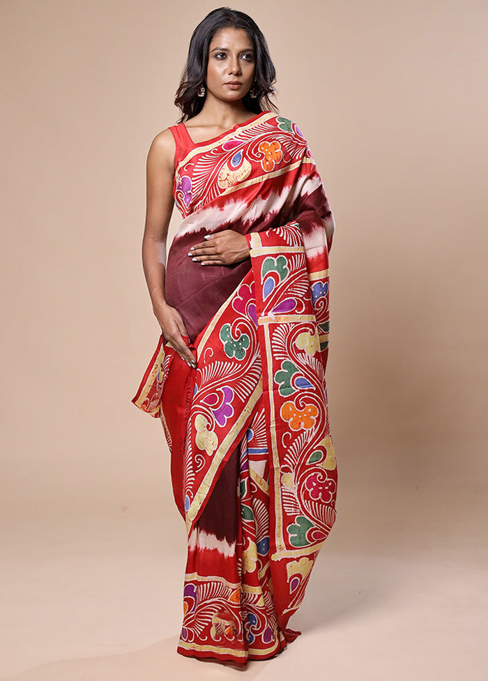 Maroon Printed Pure Silk Saree Without Blouse Piece Sale 2025 New