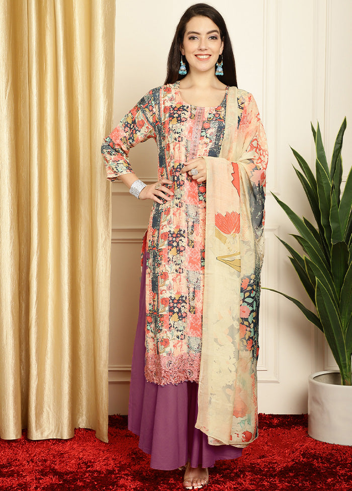 3 Pc Multicolor Unstitched Silk Suit Set Cheap Sale Online