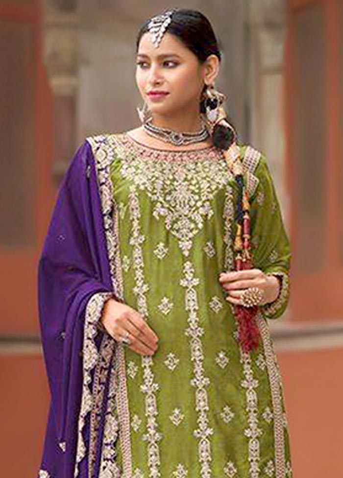 3 Pc Light Green Semi Stitched Silk Suit Set Clearance Shop