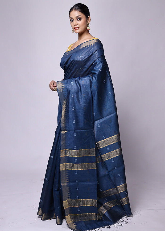 Blue Tussar Silk Saree With Blouse Piece Limited Edition Sale Online