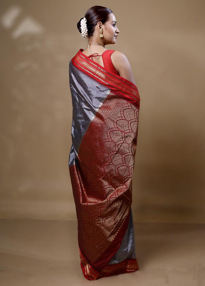 Grey Handloom Kanjivaram Pure Silk Saree With Blouse Piece Cheap Sale Marketable