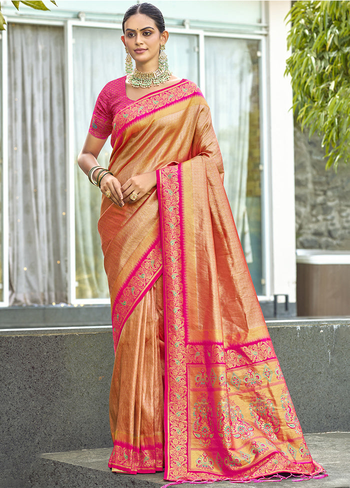 Peach Dupion Silk Saree With Blouse Piece Clearance Huge Surprise