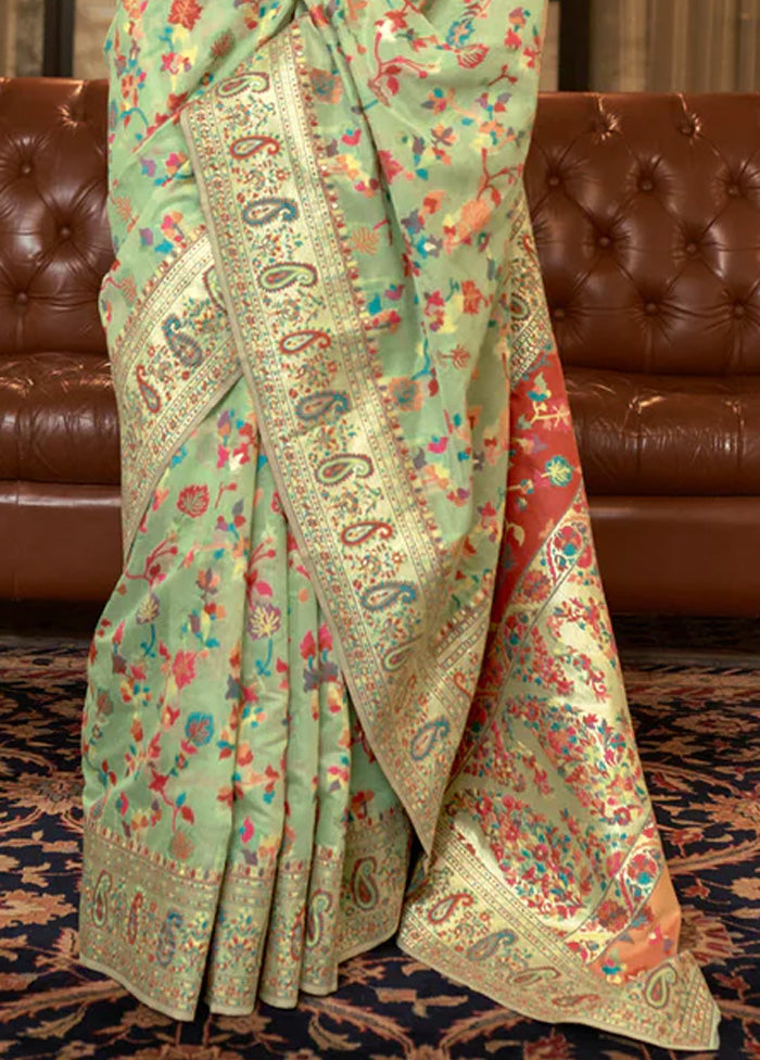 Pista Green Banarasi Silk Saree With Blouse Piece Outlet Popular