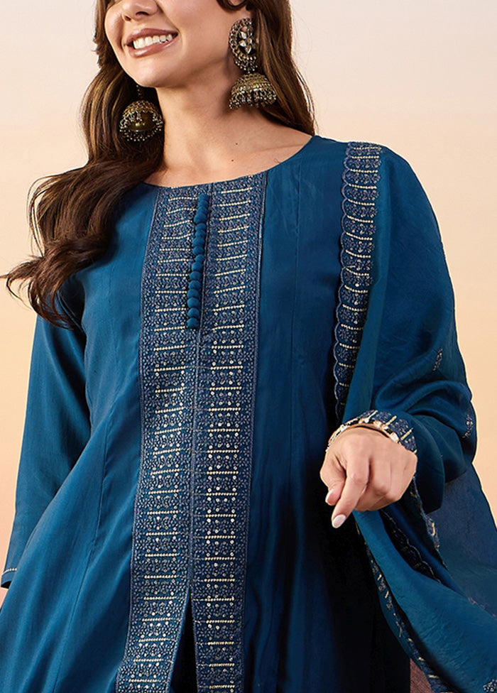 3 Pc Blue Pure Readymade Silk Suit Set Clearance Big Sale