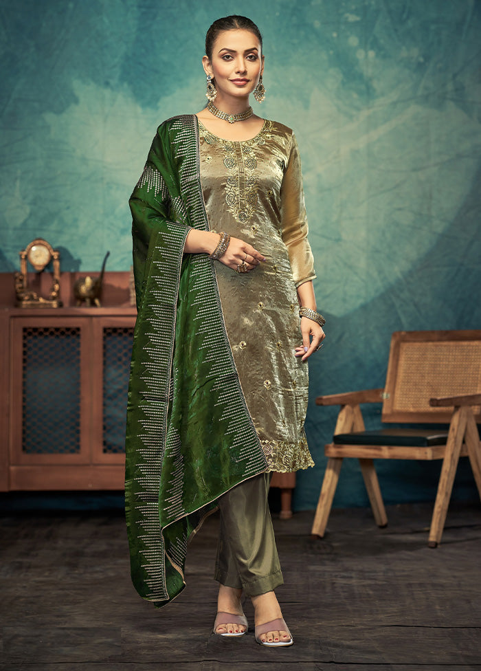 3 Pc Green Semi Stitched Silk Dupatta Suit Set Discount 2025