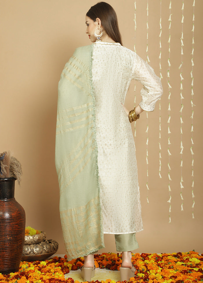 3 Pc Off White Unstitched Chanderi Suit Set Outlet Sale Online