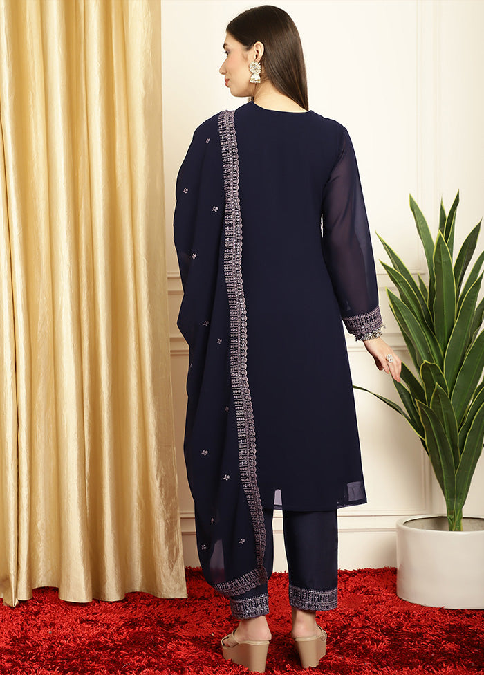 3 Pc Navy Blue Readymade Georgette Dupatta Suit Set Fashionable