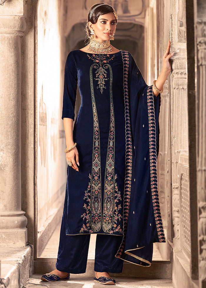 3 Pc Navy Blue Unstitched Velvet Suit Set Sale Top Quality