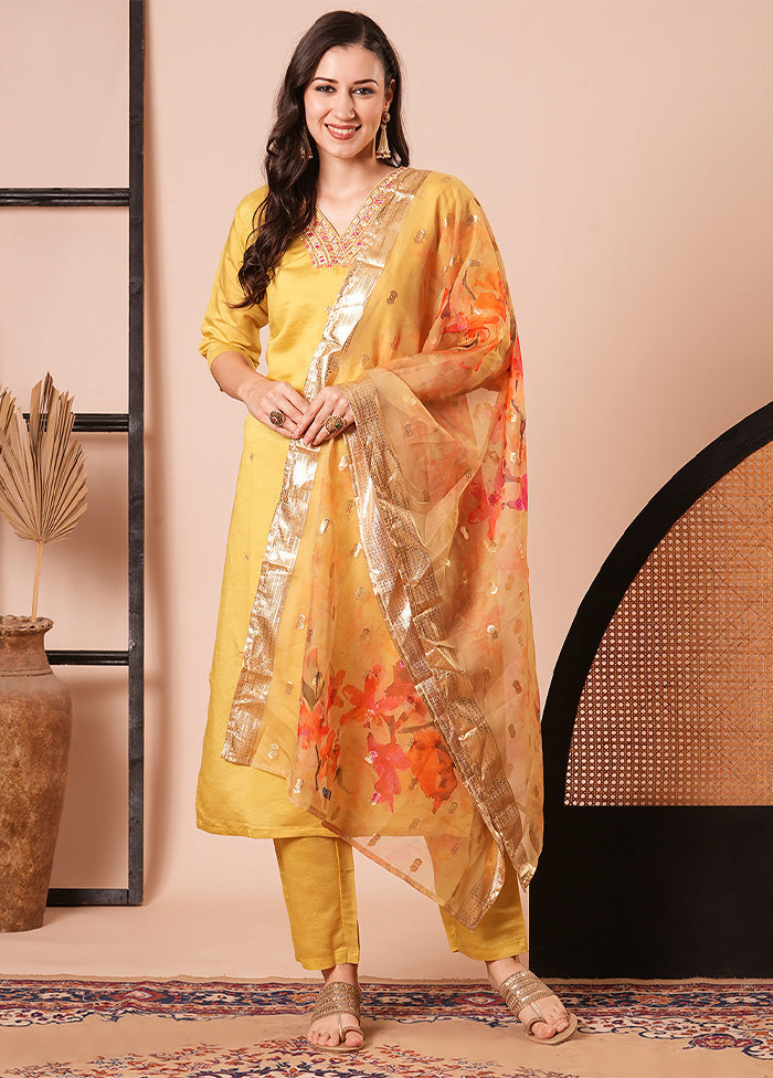 3 Pc Yellow Readymade Chanderi Dupatta Suit Set Buy Cheap Outlet Locations