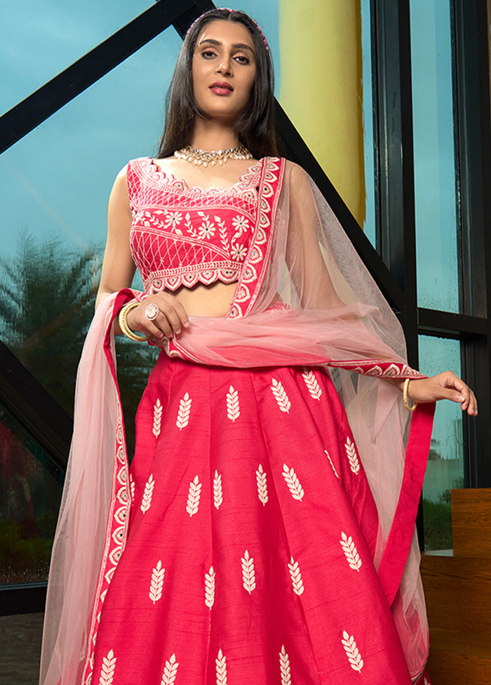 3 Pc Pink Silk Semi Stitched Lehenga Set Deals Online