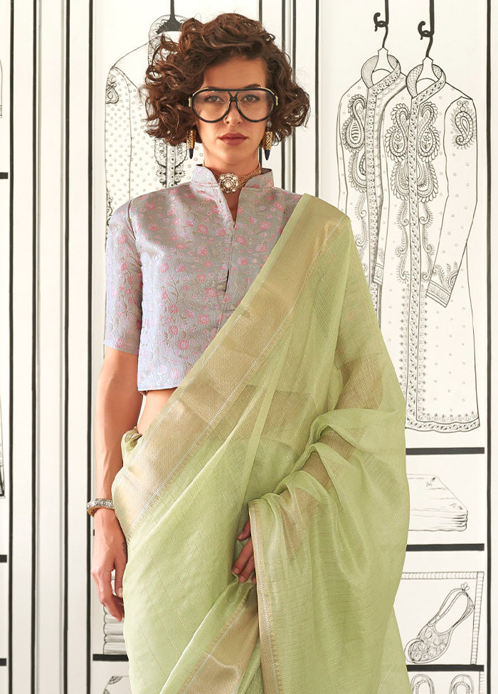 Pista Green Chiffon Silk Saree With Blouse Piece Marketable Sale Online