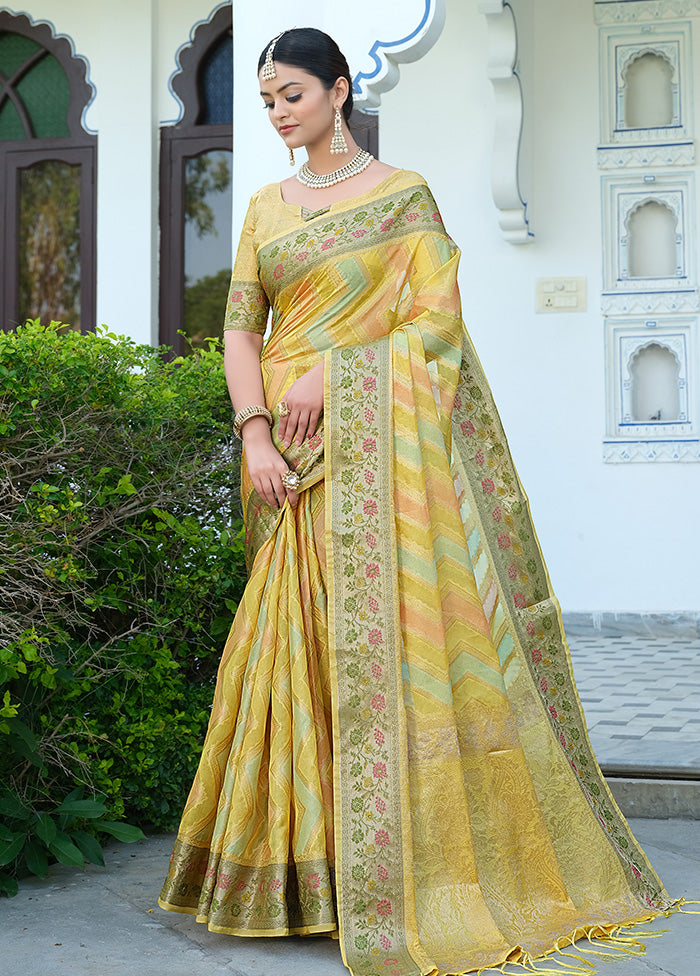 Yellow Organza Saree With Blouse Piece With Paypal Cheap Pice