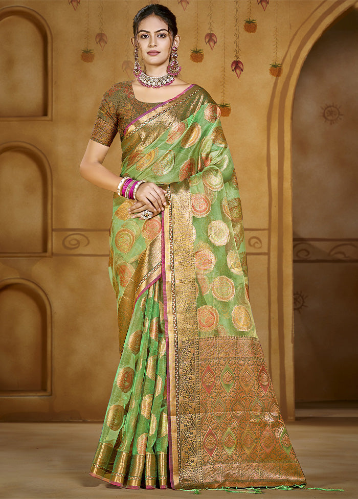 Green Organza Saree With Blouse Piece Sale Shop