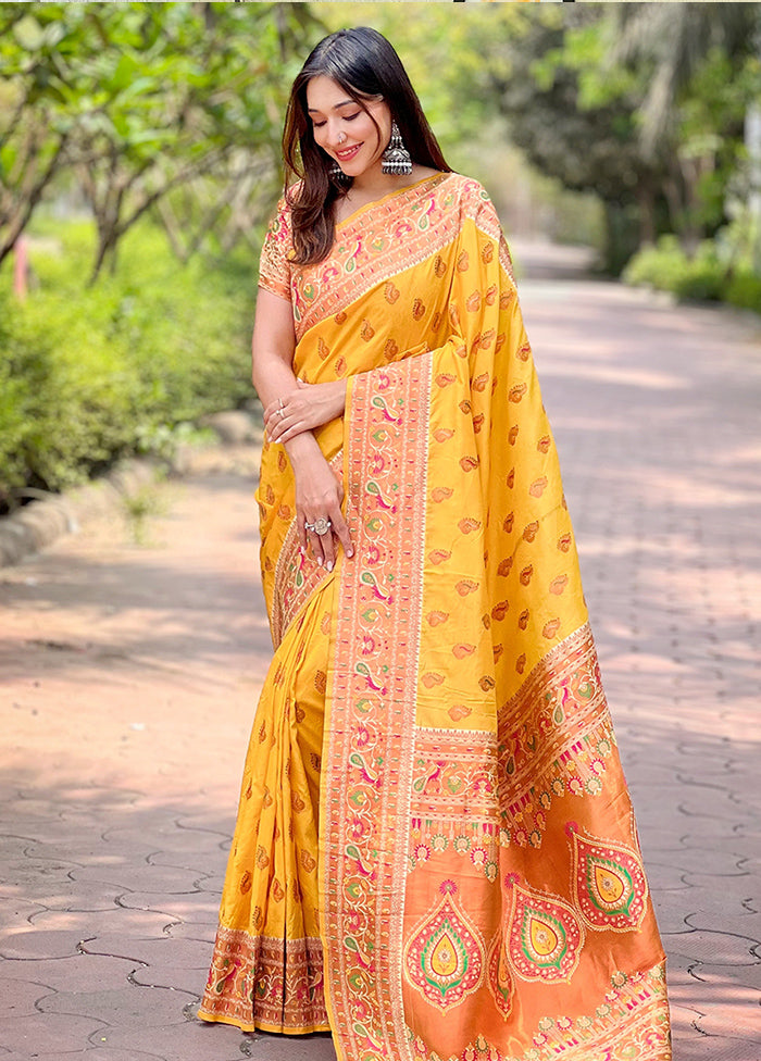 Yellow Dupion Silk Saree With Blouse Piece Get To Buy For Sale