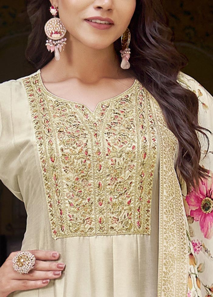 3 Pc Cream Semi Stitched Silk Suit Set Outlet Release Dates