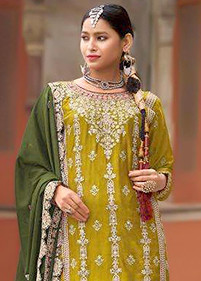 3 Pc Yellow Semi Stitched Silk Suit Set Outlet Cheap Pices