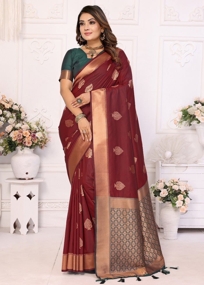 Maroon Spun Silk Saree With Blouse Piece Get Authentic