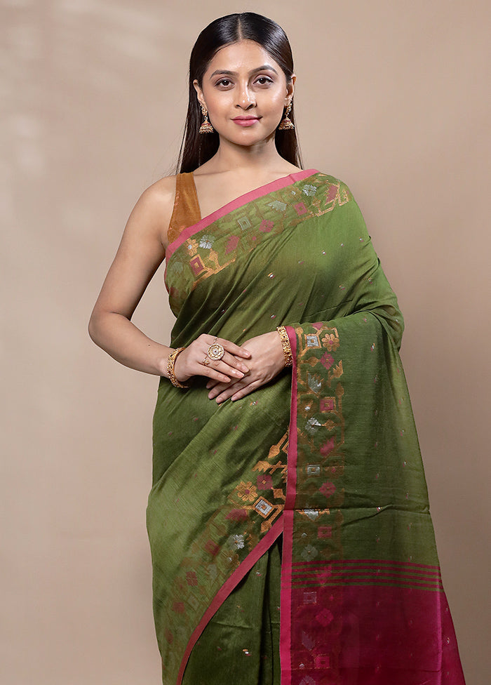 Green Khadi Cotton Saree With Blouse Piece Clearance Original