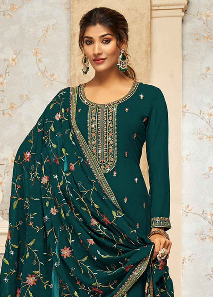 3 Pc Teal Green Semi Stitched Georgette Suit Set 2025 Newest Online