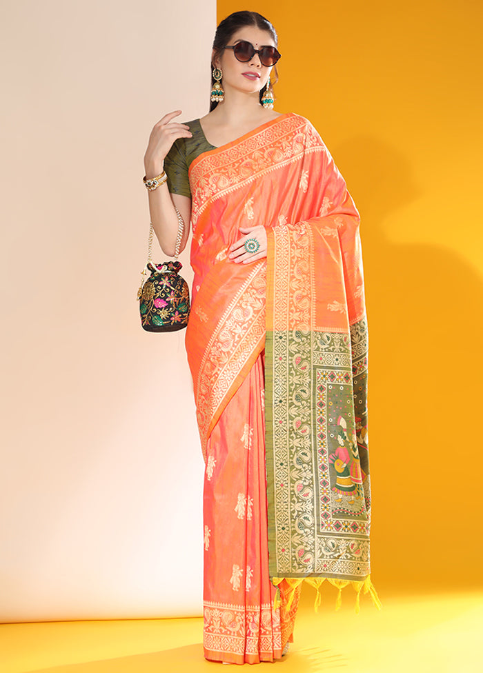 Orange Spun Silk Saree With Blouse Piece Outlet Brand New Unisex