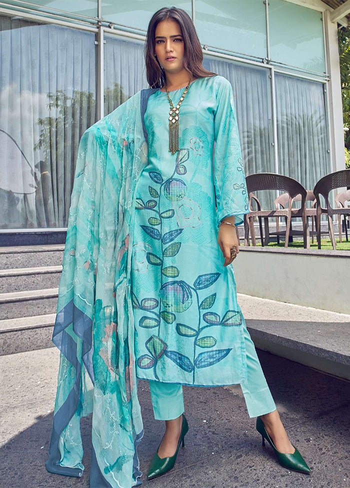 3 Pc Turquoise Semi Stitched Silk Dupatta Suit Set Choice For Sale