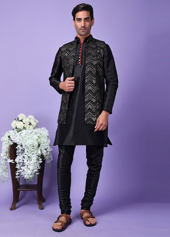 3 Pc Black Silk Nehru Set Huge Surprise Cheap Online