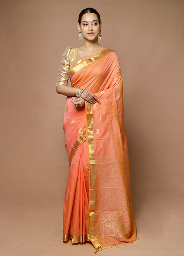 Peach Kanjivaram Silk Saree With Blouse Piece Sale Genuine